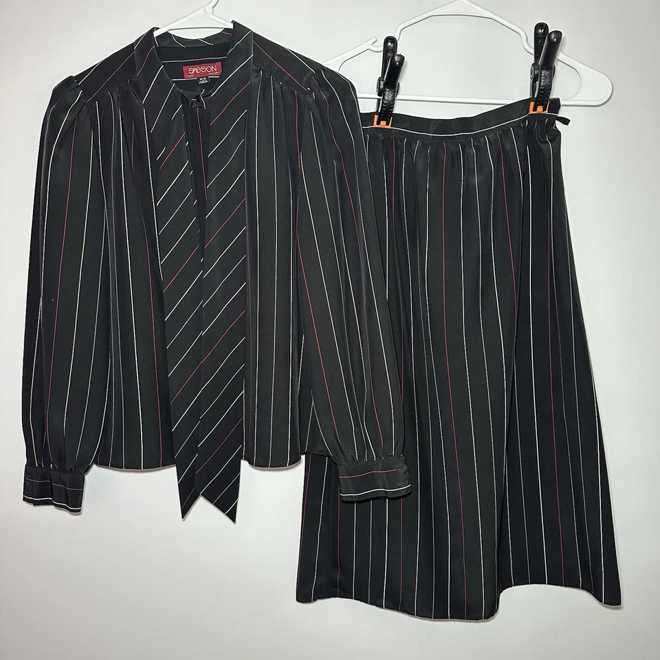 Sasson 2 pc Blouse Skirt Set Black Striped Vintage Size 4/5 Made in Hong Kong - Image 1 of 4