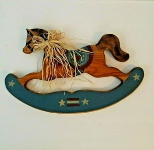 Handmade Wooden Painted Rocking Horse Wall Hanging Decoration 17" Long Straw Bow - Picture 1 of 11