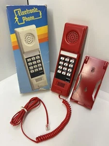 Vintage 80's Phone Red Electronic Telephone Corded Wall Mount Push Button 1980s - Picture 1 of 23