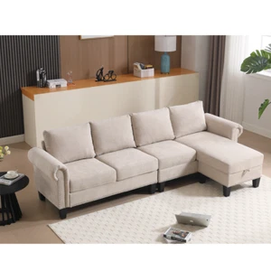Modern Linen 4-seater Convertible Sectional Sofa with Storage,L-shaped sofa - Picture 1 of 46