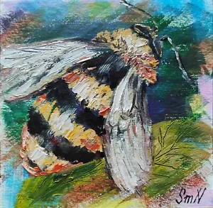 Original Art Bumblebee Texture Oil Painting Impressionism Bee Artwork Insect 6x6 - Picture 1 of 12