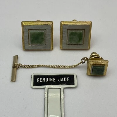 Dante Jade Cufflinks and Tie Tack Set of 3 Cuff Links Matching Tie Pin MCM VTG - image 1 of 4