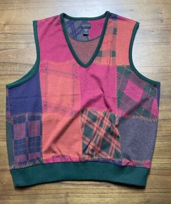 Vintage Structure Sweater Vest Mens Med Patchwork Plaid 100% Cotton Warm 90s - Image 1 of 4