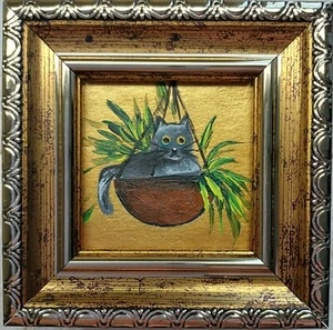Graue Katze Gemälde Katze Portrait Gerahmt Original Kunst Lustiges Kätzchen Handgemalt Kunst - Bild 1 von 11