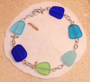 BLUES and GREENS Sea glass jewelry handmade 8" bracelet lobster claw closure