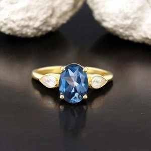 925 Sterling Silver 8x6 mm Oval Shape Natural Blue Topaz Moonstone Women Ring - Picture 1 of 7