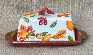 Temptations Harvest Covered Butter Dish 3D Fall Leaves Autumn Thanksgiving Rare - Picture 1 of 13