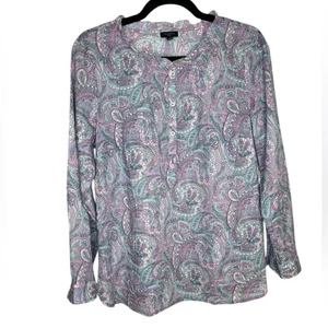 Talbots Women's Purple Paisley Ruffle Neck Henley Cotton Popover Size LP - Picture 1 of 9