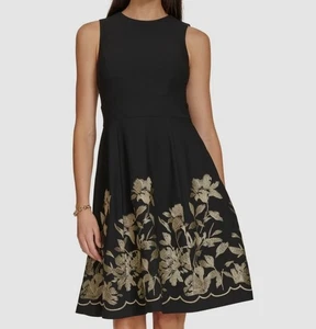Calvin Klein Women's Black Embroidered-Skirt Fit & Flare Dress Petite Size 2P - Picture 1 of 2