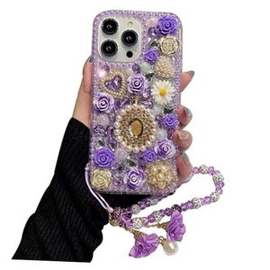 for iPhone 16 Bling Diamond Case with Flower Strap, 3D For iPhone 16 Purple - Picture 1 of 7