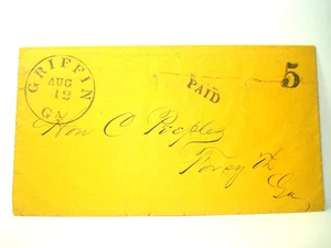 Civil War GRIFFIN GA PAID 5 CONFEDERATE Cover CINCINNATUS PEEPLES - Picture 1 of 2