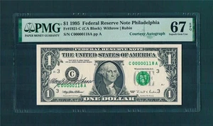 $1.00 1995 Federal Reserve CA-Block "LOW#118 & Courtesy Autograph"~PMG-67EPQ.!! - Picture 1 of 1