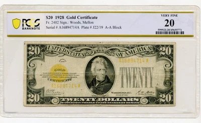 1928 $20 Small Size Gold Certificate A-A Block PCGS Very Fine 20 - Image 1 of 2