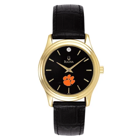 Women's Clemson University Tigers Bulova Watch Black Leather Diamond Cover
