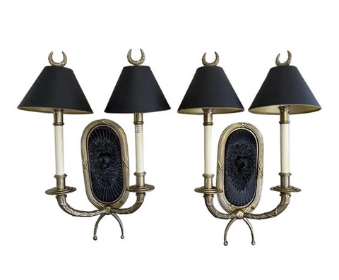 Pair Rare Chapman 1991 Solid Brass Neoclassical Ebony Lions Head Wall Sconces Cover