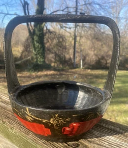 Vintage Chinese Wedding Basket Hand Painted Black/Red Lacquer Bamboo 6.5" X 7" - Picture 1 of 8