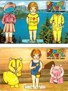 2~Chrome Postcards  PENNY POSTAL PAPER DOLLS  Visits Crater Lake & The Ocean - Picture 1 of 5
