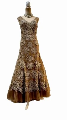 YSA Makino Embroidered Night  Gown Tan Hand Beaded with Lace Scarf & Purse - Image 1 of 4