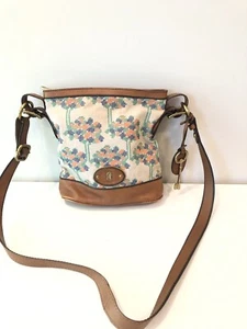 FOSSIL Maddox Brown Leather Crossbody Handbag Boho Hippie Floral Summer Bag - Picture 1 of 12