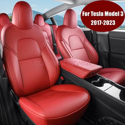 Juego completo de funda de asiento cojín de cuero perforado rojo para Tesla Model 3 2017-2023 Foto 1 de 4