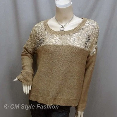 Suéter Top Tejido Crochet Ojales Hombro Caído Dorado Caqui Marrón L Foto 1 de 4