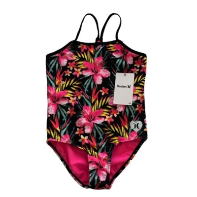Nuevo con etiquetas Traje de baño Hurley Niñas Talla 5/6 Negro Rosa Floral Una pieza Secado Rápido UPF 50+ Foto 1 de 4