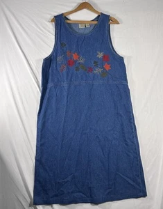 Mountain Lake Vintage 90’s Denim Midi Dress Sz XL Teacher Cottage Fall Leaves - Picture 1 of 7