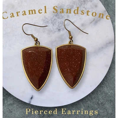 Semi Precious Caramel Sandstone Shield Dangle Pierced Drop Earrings - Image 1 of 4