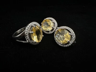 Citrino de Brasil 9x11mm Decorar Cz Anillo Pendientes Juegos Plata de Ley 925 Foto 1 de 4