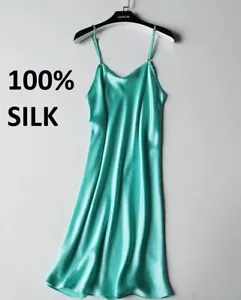 Women 100% Silk Sexy Chemise dress Full Slips Sleepwear Lingerie Au 10 12 green - Picture 1 of 6