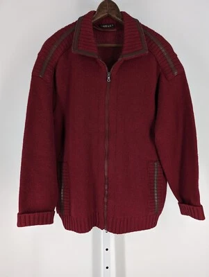 Vintage 70s Mod Torras Spain Burgundy Knit Zip Jacket Sweater Leather Trim Brown - Image 1 of 4