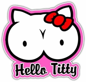 Hello Titty Kitty Adult Tits Boops Funny Car Bumper Vinyl Sticker Decal 5"X4" - Picture 1 of 1