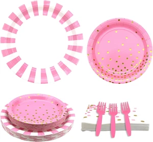 Light Pink Stripe Birthday Party Supplies - Decorative Plate Set Includes 9 Inch - Picture 1 of 7