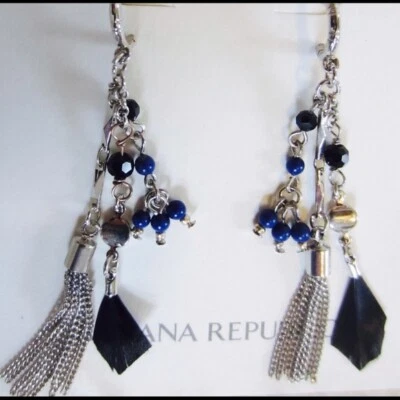 Banana Republic Women's Feather Crystal Drop Tassel Earrings NWT 39.50 Blue Silr - Image 1 of 4