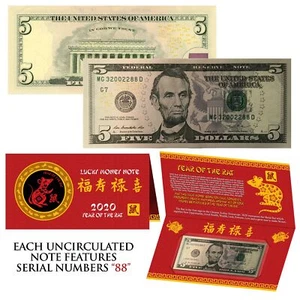 2020 Lunar Chinese New YEAR of the RAT Lucky U.S. $5 Bill w/ Red Folder - S/N 88 - Picture 1 of 1