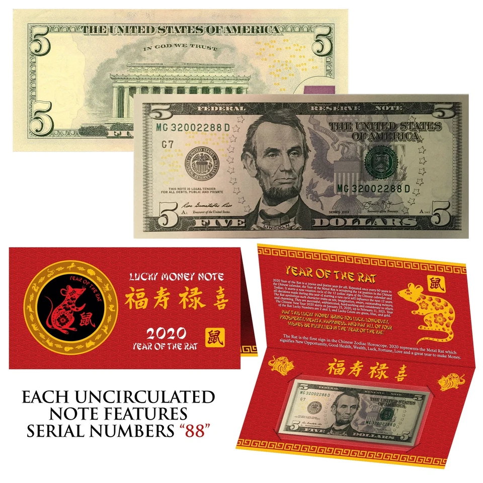 2020 Lunar Chinese New YEAR of the RAT Lucky U.S. $5 Bill w/ Red Folder - S/N 88 - Image 1 of 1