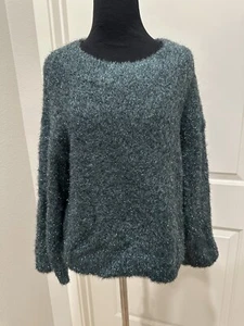 Vince Small Sweater Green/Blue Metallic Flare Sleeve Holiday Sparkle Eyelash - Picture 1 of 5