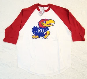 KANSAS JAYHAWKS KU Logo Shirt Size LARGE White with Red Sleeves Baseball Shirt - Picture 1 of 5