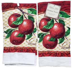 Set of 2 Same Printed Kitchen Towels (15" x 25") 3 RED APPLES & POST STAMPS, AsM - Picture 1 of 15