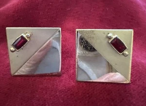 Vintage Retro MCM Gold-tone Square Cufflinks w/ Red Stone - Picture 1 of 6