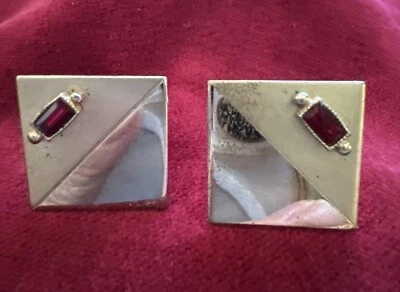 Vintage Retro MCM Gold-tone Square Cufflinks w/ Red Stone - Image 1 of 4