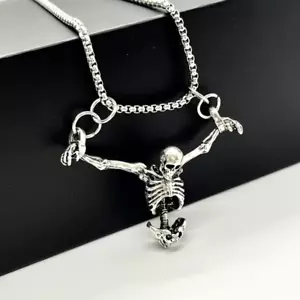 Hung Upper Skeleton Jewelry Vintage Silver Look Gothic Pendant Necklace - Picture 1 of 5