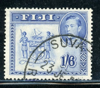 FIJI 128Ab SG263ab Used 1955 1sh6p KGVI Fiji Arms Perf 13 CV$20 - Image 1 of 2