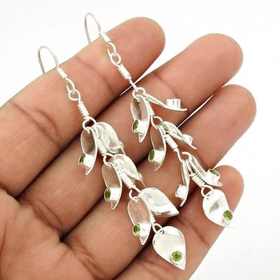 Solid Silver Peridot Gemstone Dangle Hook Earrings Christmas Gift Jewelry - Image 1 of 4