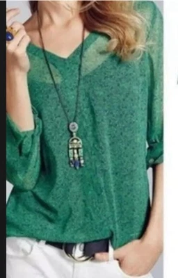 CABI 5208 Bountiful Navy and Green Sheer Blouse Pullover shirt size XL - Image 1 of 4