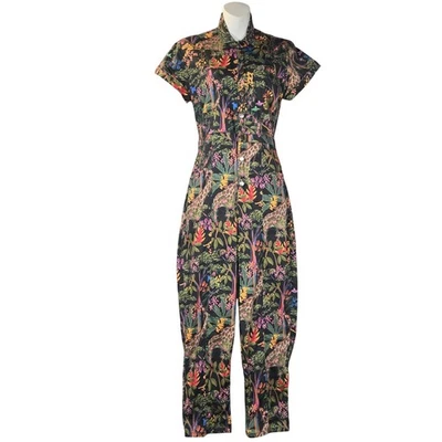 Macacão pequeno com estampa de safári na selva misturado por Nasrin zíper frontal artístico festival boho - Imagem 1 de 4