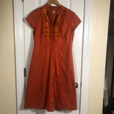 Retro Rust Orange Lined Dress Pockets 12 A-Line Midi Dark Academia Cottagecore - Image 1 of 4