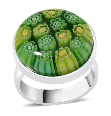 Green Floral Glass Murano Style Size 6 Ring Lux Stainless Steel 316L Milifiore - Image 1 of 4