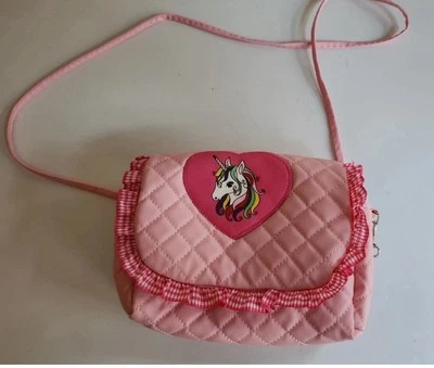 Cute Pink Girls Unicorn Purse Rainbow Hair Hearts Floral 7"W 6"T - Image 1 of 4