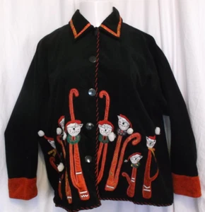 Lifestyles Jacket 1X Embroidered Christmas Cats Black Corduroy Vintage Holiday - Picture 1 of 11